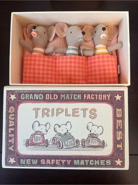 Maileg Triplets with Pacifiers, retired, new in box